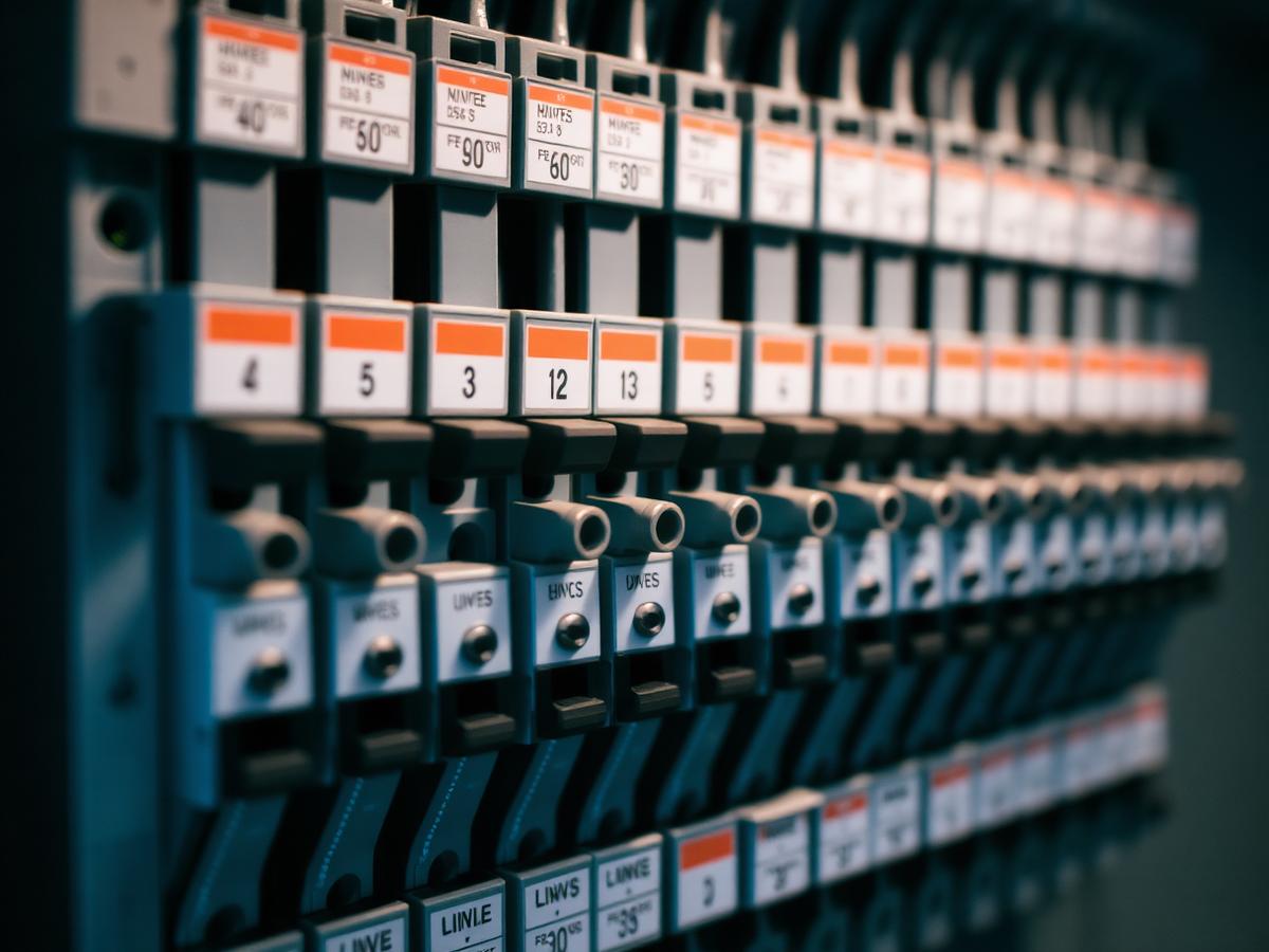Modern switchboard with labelled circuit breakers